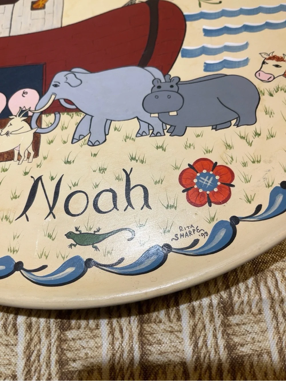 Rita Sharpe 1998 Noah’s Ark Swedish Folk Art Hand Painted Wood Plate 14”